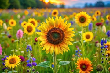 Obraz premium A cluster of colorful sunflowers standing tall in a field amidst green grass and vibrant wildflowers, colors, landscape