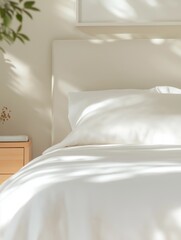 A cozy Scandinavian-style bedroom with a white linen bed, light wooden furniture, soft gray accents, and natural sunlight illuminating the clean and simple decor