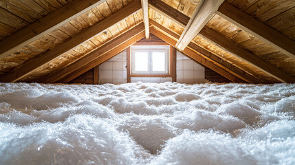 bright and airy attic filled with neatly installed insulation material, showcasing wooden beams and window that allows natural light to illuminate space