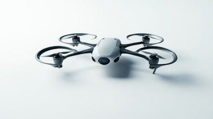 A White Drone with Black Propellers and a Camera on a White Background