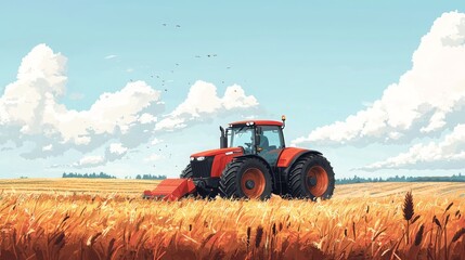 Obraz premium Vibrant 2D Cartoon Illustration of Tractor in Field
