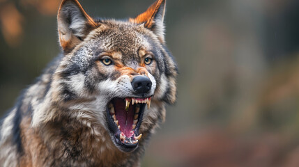 Obraz premium detailed close-up shot of a wolf showing its mouth wide open. Perfect for wildlife enthusiasts and nature lovers