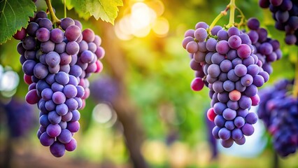 A cluster of purple grapes hanging from a vine, droplets, dripping