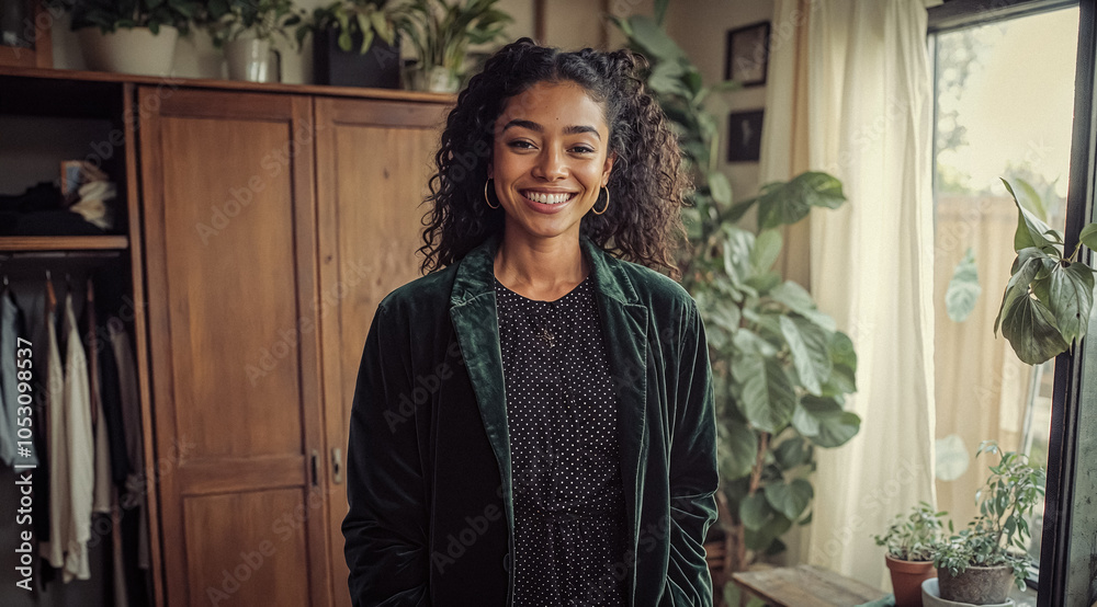 Wall mural Millennial African-American Black Plant Girl Woman Smiling in Her Apartment With Many Plants