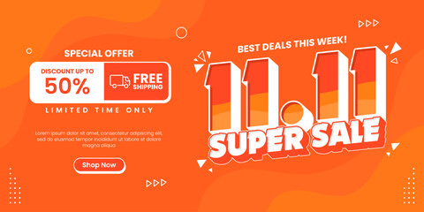 11 11 super sale promo banner with discount offer. 11 11 shopping festival super sale banner. Flash sale special offer banner for social media post or website banner. Flash sale campaign
