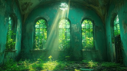 Obraz premium Sunbeams Illuminating a Sunken Church Interior