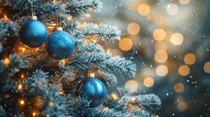 Blue Ornaments on a Festive Tree with Bright Lights