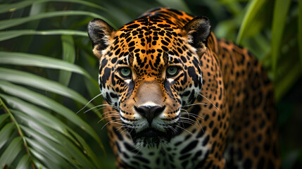 Obraz premium jaguar emerges from the jungle, looking directly at the camera with a focused gaze