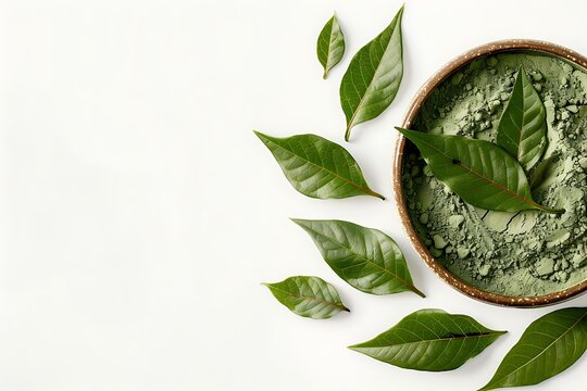 Henna powder in clay bowl with green leaves isolated on white background