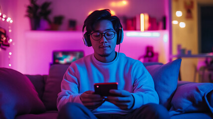 Obraz premium Immersive Gaming Setup with Vibrant Neon Lights