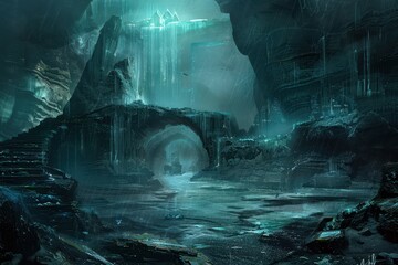 Mystical Cave with Glowing Waterfalls