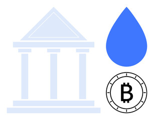 Classical bank building with pillars, Bitcoin coin representing blockchain technology, and blue water drop symbolizing sustainability. Ideal for finance, cryptocurrency, sustainability, technology