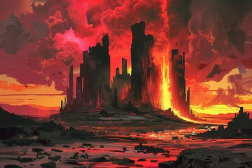 Burning Cityscape in Fiery Sunset