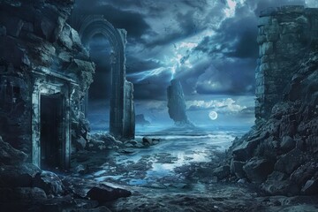 Ruined City by the Sea Under a Stormy Sky