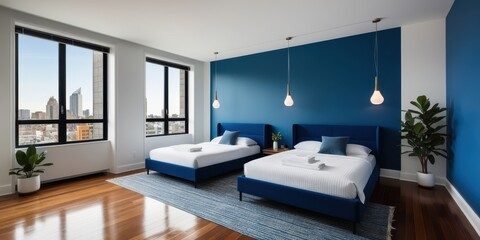 Modern bedroom interior, navy blue accent wall, three white beds, pendant lights, large windows, city view, hardwood floor, potted plant, minimalist design, contemporary decor, spacious room, white wa