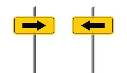 Set of yellow road signs. display board with arrow. left and right direction sign on the road. traffic sign. road symbol. vector illustration