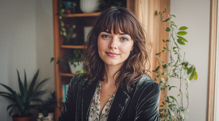Fototapeta premium Millennial Brunette Plant Girl Woman Smiling in Her Apartment With Many Plants