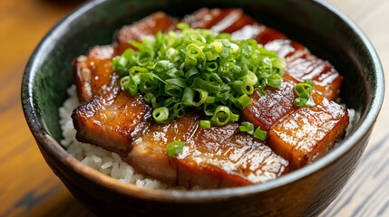 A bowl of chashu don, rice topped with slices of braised pork belly and green onions.


