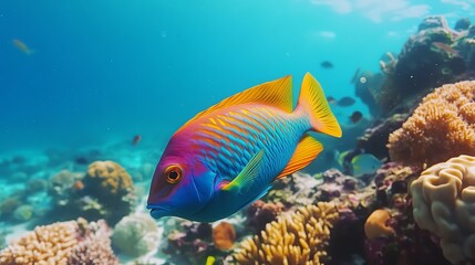Fototapeta premium A vibrant fish swimming gracefully through a stunning coral reef habitat, showcasing beautiful colors and marine life diversity.