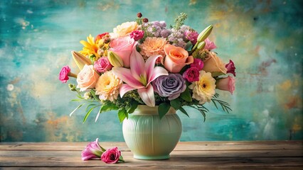 A colorful bouquet of mixed flowers including roses, lilies, and carnations, arranged in a vintage-inspired vase with soft pastel hues, roses, flowers arrangement