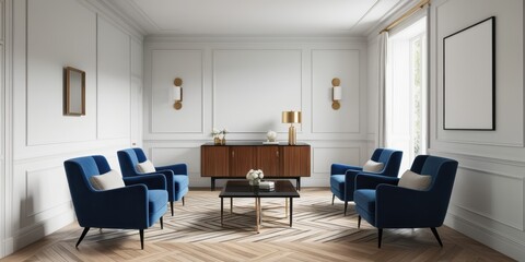 Fototapeta premium Luxurious living room, white textured walls, blue velvet armchairs, white sofa, black coffee table, gold accents, wall sconces, wooden floor, minimalist artwork, elegant interior design, symmetrical l