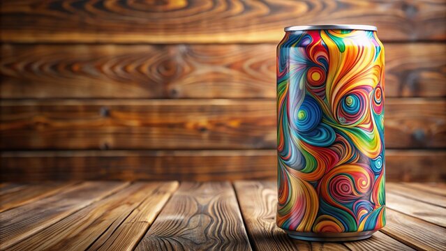A colorful energy drink can with a bold design on a wooden table, energizing drink mix, bright colors, energizing elixir, citrus flavors, refreshing beverage