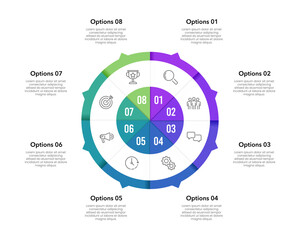 8 part infographic circle chart for project. Business presentation, Poster, Banner, Plan, Report and Diagram. Vector illustration.