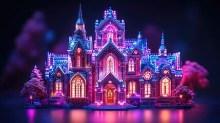 Obraz premium A miniature gothic castle illuminated with neon lights.