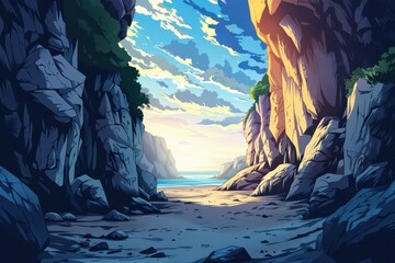 A Rocky Beach Gateway to a Sunset Sea