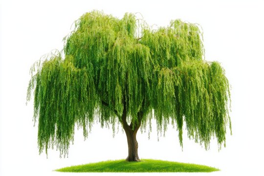 Beautiful weeping willow tree on green grass, vibrant foliage, isolated on white background.