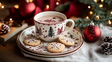 Fototapeta premium A Christmas-themed table setup, featuring a warm hot chocolate, cookies on a decorative holiday plate, twinkling fairy lights in the background, soft shadows,
