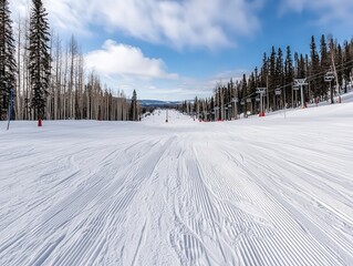 Skiing Adventure on a Perfectly Groomed Snowy Slope Under Clear Blue Skies