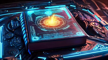 A leather-bound book with glowing blue and orange futuristic interface on the cover, lying on a dark metallic background with blue neon lights.