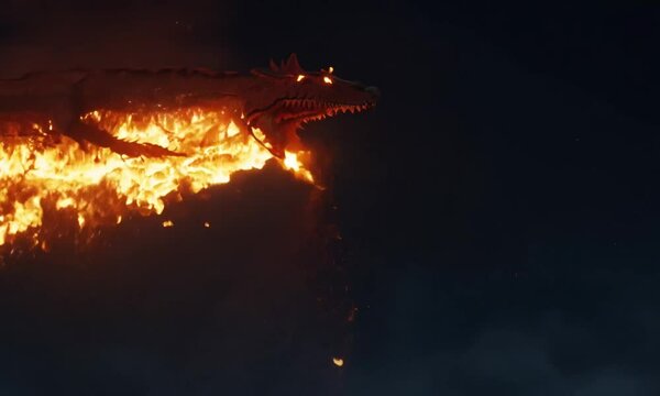 Breath of fire explodes from a giant dragon in a black night in the epic battle. Generative AI