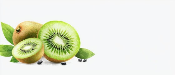 Fototapeta premium Fresh kiwi fruits with leaves on a white isolated background.