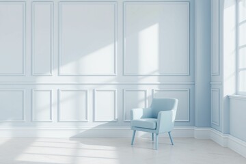 Minimalist Interior with Light Blue Armchair and Paneled Wall.generative AI
