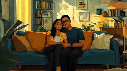 Obraz premium Portrait of mid adult couple sitting on sofa. 