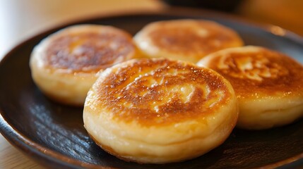 A serving of obanyaki, round pancakes filled with sweet red bean paste, often served warm.

