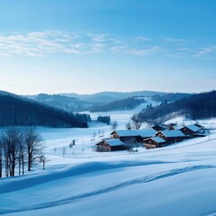 Serene Winter Landscape with Snow-Covered Houses and Tranquil Blue Sky