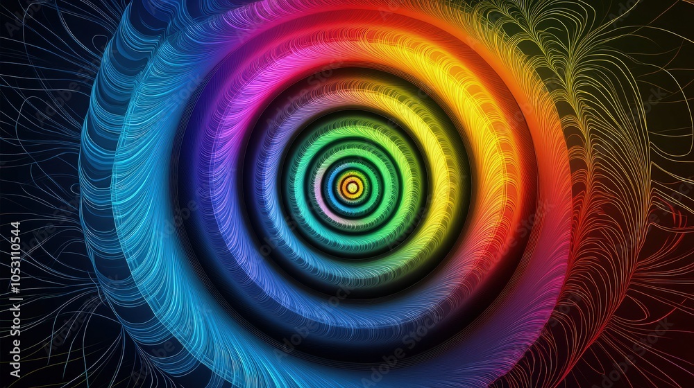 Wall mural a swirling rainbow spiral with each color transitioning into the next, set against a dark background