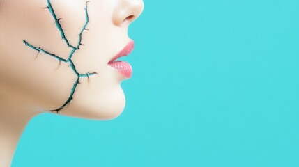 A close-up of a woman's face adorned with artistic cracked patterns, set against a striking turquoise background.