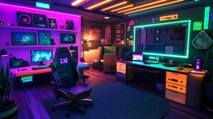 Obraz premium Cozy RGB-lit gaming room featuring a padded chair and a desktop running a live stream, inviting atmosphere