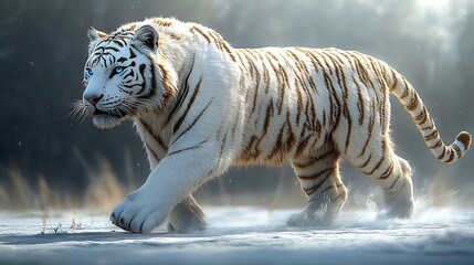 Naklejka premium A majestic white tiger walks through a snowy forest, its blue eyes piercing through the mist.