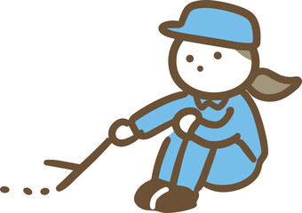 つまらなそうな作業服＆帽子の若い女性(全身)