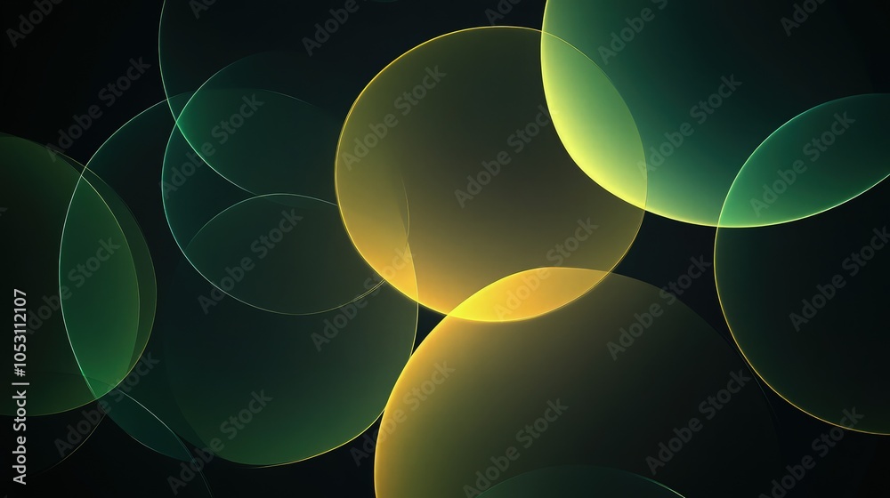Wall mural a modern dark background with pastel overlapping circles in gradient shades of green and yellow, cre