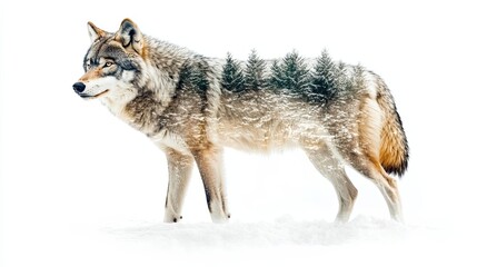 Obraz premium Wolf with Double Exposure of a Snow Covered Forest