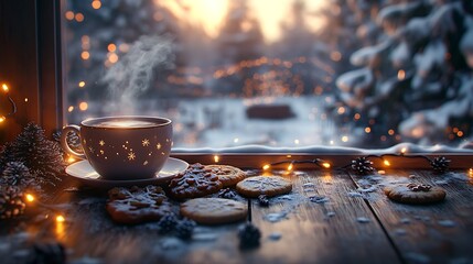A festive table arrangement with a steaming cup of tea, holiday cookies, glowing Christmas lights, and a snowy scene outside a window, rustic wooden surface,