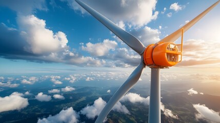 Skilled technician wearing safety harnesses and bright reflective gear adjusting and maintaining the turbine systems while standing on a platform high above the open sea