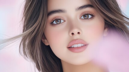 A close-up portrait of a young woman with soft makeup, exuding beauty and charm against a dreamy background.