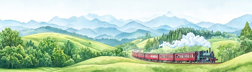 Obraz premium Vintage steam train traveling through lush green hills with mountains in the background.